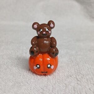 Bear On A Pumpkin Mini Desk Buddy, Hand Made Polymer Clay